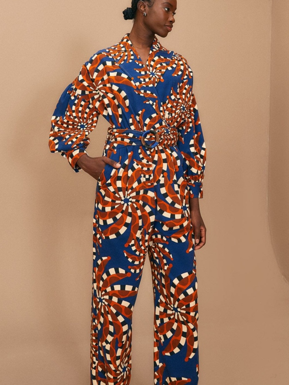 NWT Farm Rio Retro Spiral Print Blue Bandana Belted Jumpsuit in Navy & Rust - Picture 2 of 14